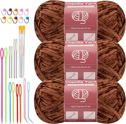 LUNARM Chenille Yarn for Crocheting Knitting, 3 Skein 263 Yard Thick Soft Chunky Fluffy Weaving Plush Yarn for Blankets Clothes Pattern Creations with Big Eye Needles(Brown)