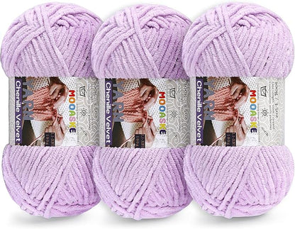 3 * 100g Chunky Yarn for Crocheting and Knitting - Easy to Use Plush Chenille Super Bulky Yarn 393yds - Ultra Soft Velvet Baby Blanket Yarn for Beginners & Amigurumi Projects, Light Lavender