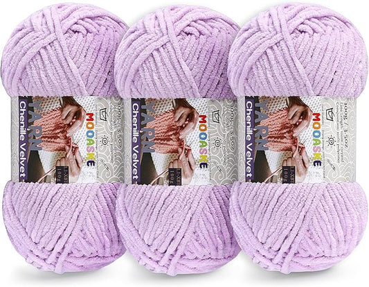 3 * 100g Chunky Yarn for Crocheting and Knitting - Easy to Use Plush Chenille Super Bulky Yarn 393yds - Ultra Soft Velvet Baby Blanket Yarn for Beginners & Amigurumi Projects, Light Lavender