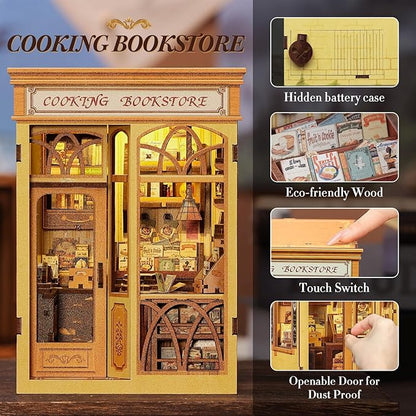 Fsolis Book Nook Kit - DIY Miniature Dollhouse Kit 3D Puzzles for Adult Beginners Tiny House Mini Booknook Craft Bookshelf Decor, 156 Wooden Pieces, Gifts for Women Teenagers (Cooking Bookstore)