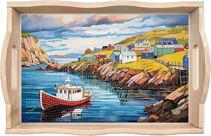 DoxQcs DIY Diamond Art Wooden Tray Kit Easter Food Tray with Handle Diamond Painted Table Decoration Tray for Breakfast Bar Dinner Table Diamond Art Painting for Beginners-#17-Seaside Village