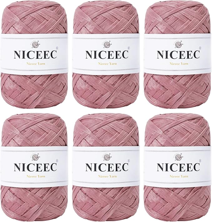 NICEEC 6 Skeins Soft Tape Yarn, Easy Crohcet Raffia, Crochet & Knitting, Paper Ribbon Yarn for DIY Craft Gift Wrapping Total Length 1.76oz×6/109yds×6 - Pink