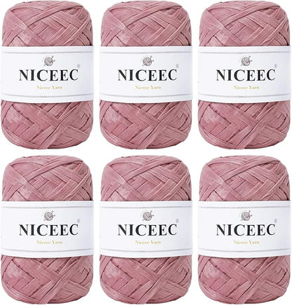 NICEEC 6 Skeins Soft Tape Yarn, Easy Crohcet Raffia, Crochet & Knitting, Paper Ribbon Yarn for DIY Craft Gift Wrapping Total Length 1.76oz×6/109yds×6 - Pink