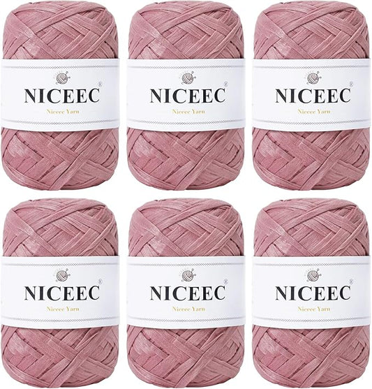 NICEEC 6 Skeins Soft Tape Yarn, Easy Crohcet Raffia, Crochet & Knitting, Paper Ribbon Yarn for DIY Craft Gift Wrapping Total Length 1.76oz×6/109yds×6 - Pink