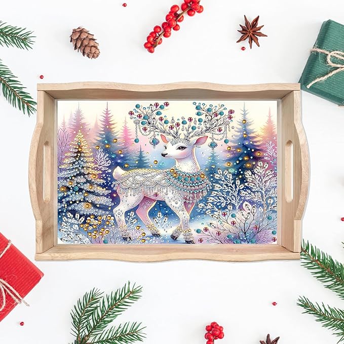 DIY Diamond Art Painting Wooden Tray Kit With Handle, Food Tray for Breakfast, Bar Dinner Table Decoration, Diamond Dots Gem Painting Art Set for Beginners - Christmas Elk