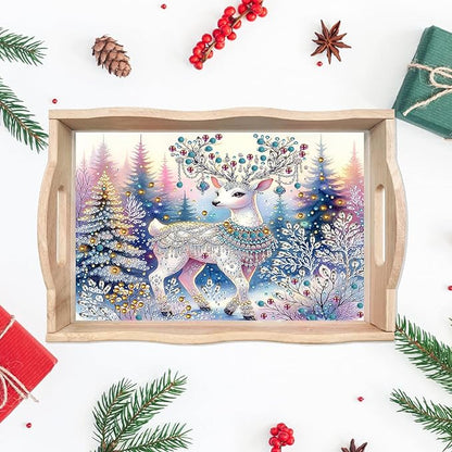 DIY Diamond Art Painting Wooden Tray Kit With Handle, Food Tray for Breakfast, Bar Dinner Table Decoration, Diamond Dots Gem Painting Art Set for Beginners - Christmas Elk