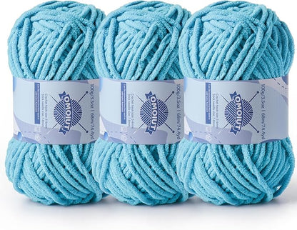 Chunky Chenille Yarn for Crocheting，Baby Yarn for Crocheting Soft Blankets，Bulky Yarns for Crochet Amigurumi，3×100g (3×74.3yds) Fluffy Velvet Yarns for Hand Knitting (3 Blue)