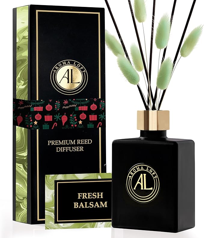 Reed Diffuser - Fragrance Diffuser for Home - 5 oz. Oil Diffuser Sticks - Bathroom Diffuser Set- Oil Diffuser Reeds - Scent Sticks in Oil-Office Smell Good Stuff (Black, Fresh Balsam)