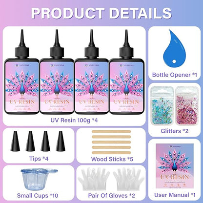 Vivresina UV Resin 400 Grams Crystal Clear Hard Type Fast Curing No Yellowing Low Odor for Art Craft Coating Jewelry Making