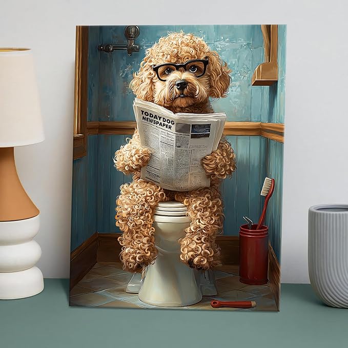 WENGTIAO Funny Dog Framed Canvas Wall Art Brown Poodle On Toilet Reading Newspaper Print Poster Humor Animal Bathroom Painting Pictures Dog Lovers Restroom Artwork for Home Washroom 12x16in