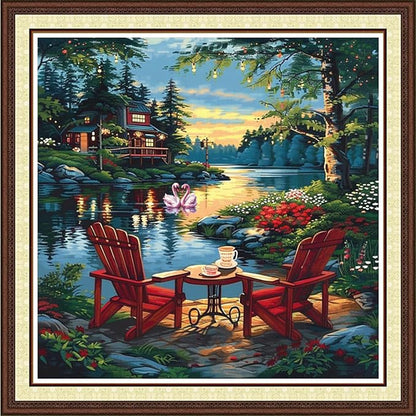 Magxvouy Cross Stitch Kits Stamped Full Range of Embroidery Kits,Cross Stitch Patterns Needlework Kits for Beginners 11CT Printed Kits&Drinking Tea by The Lake 18x18 inchs