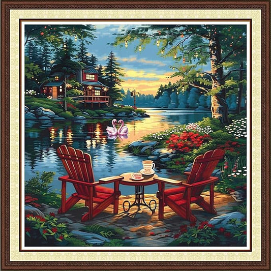 Magxvouy Cross Stitch Kits Stamped Full Range of Embroidery Kits,Cross Stitch Patterns Needlework Kits for Beginners 11CT Printed Kits&Drinking Tea by The Lake 18x18 inchs