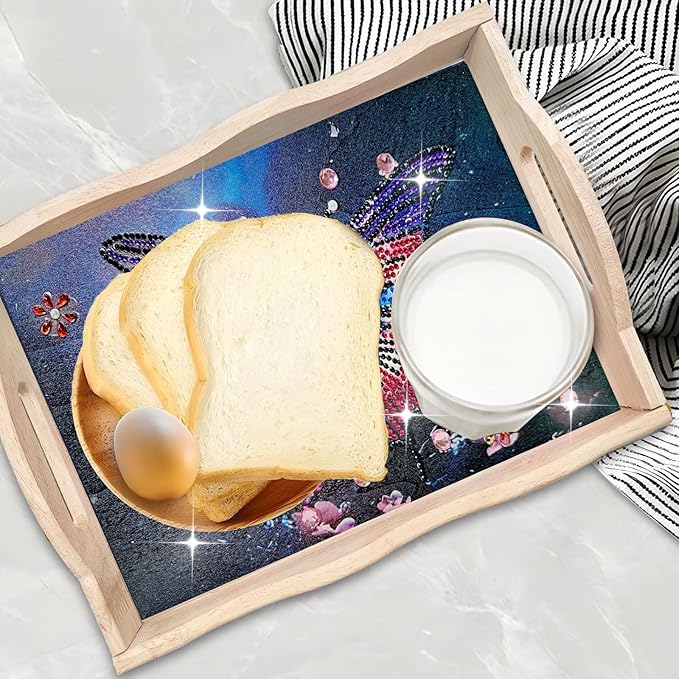 DIY Diamond Art Wooden Tray Kit, Food Tray with Handle Diamond Painted Table Decoration Tray, for Breakfast, Bar Dinner Table Diamond Dots Gem Painting Art Set for Beginners-#26-2PC