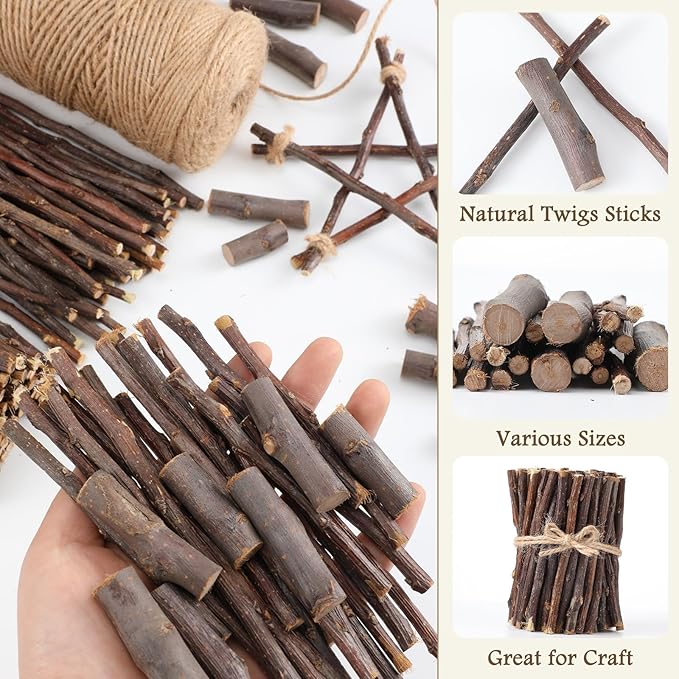 251 Pack Wooden Log Sticks for Crafts Kit 6 Inch and 4 inch Natural Twigs Sticks 0.8cm in Diameter Wood Log 164 Feet Jute Twine for DIY Rustic Home Decor Christmas Gift Making