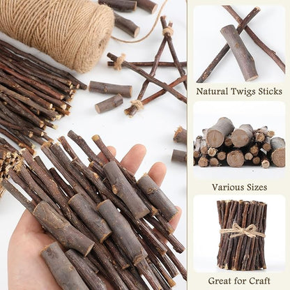 251 Pack Wooden Log Sticks for Crafts Kit 6 Inch and 4 inch Natural Twigs Sticks 0.8cm in Diameter Wood Log 164 Feet Jute Twine for DIY Rustic Home Decor Christmas Gift Making
