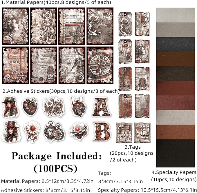 Vintage Scrapbooking Supplies Pack(100 Pieces) for Junk Journal Decoupage Paper Scrapbook Planner Sticker Aesthetic Cottagecore Collage Craft Album (03)