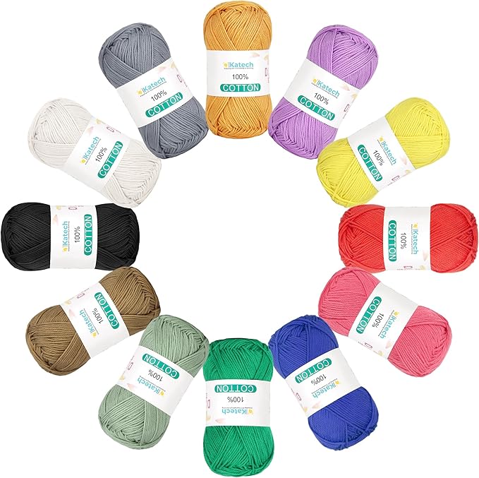 Katech 100 Percent Cotton Yarn for Crocheting & Knitting–12-Color of 137 Yards/1.76 oz Baby Cotton Yarn Sport Weight CYC #2-Soft & Breathable-Ideal for Dishcloths, Baby Clothes, Potholders & Crafts(C)