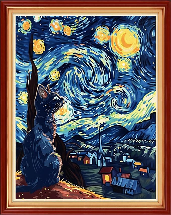 Funchey Stamped Cross Stitch Kits, DIY Cross Stitch Pattern for Adults Beginners Needlepoint Kits Embroidery Kit Arts and Crafts 11CT&Cat admires Van Gogh's Starry Sky 16x20 inchs