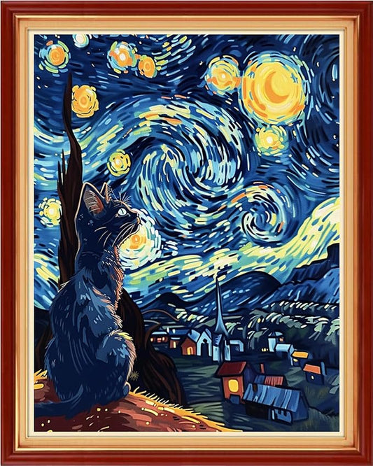 Funchey Stamped Cross Stitch Kits, DIY Cross Stitch Pattern for Adults Beginners Needlepoint Kits Embroidery Kit Arts and Crafts 11CT&Cat admires Van Gogh's Starry Sky 16x20 inchs