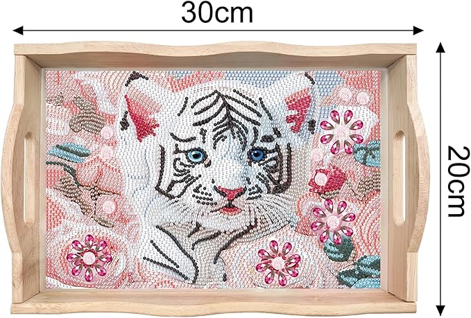 DIY Diamond Art Wooden Tray Kit, Food Tray with Handle Diamond Painted Table Decoration Tray, for Breakfast, Bar Dinner Table Diamond Dots Gem Painting Art Set for Beginners (#05-Tiger)