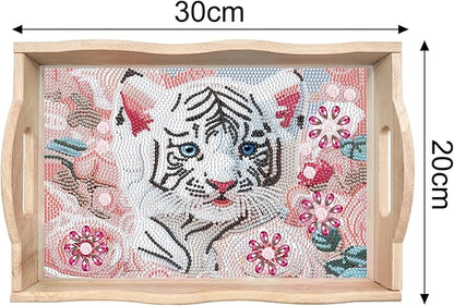 DIY Diamond Art Wooden Tray Kit, Food Tray with Handle Diamond Painted Table Decoration Tray, for Breakfast, Bar Dinner Table Diamond Dots Gem Painting Art Set for Beginners (#05-Tiger)