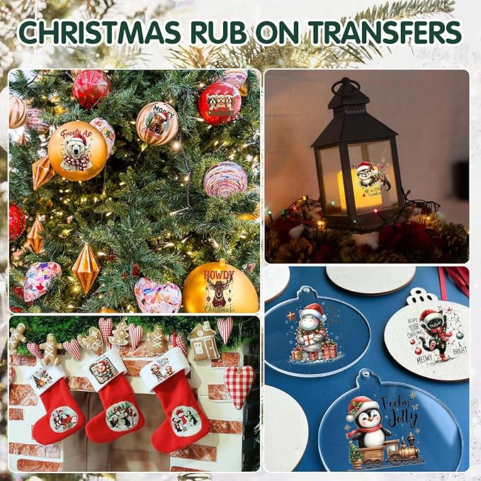 24 Sheets Vintage Christmas Rub On Transfers for Crafts, Rub On Transfers Christmas for Wood，Furniture Decals, Glass, Porcelain, Leather, Canvas, Fabric Projects,3 * 3inch(Animal Party)