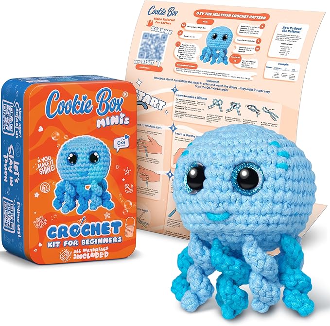 Cookie Box Crochet Kit for Beginners – Gift Set to Make Jellyfish Oxy Amigurumi Plushie – Easy DIY Crochet & Knitting Starter Kit with Printed Instructions & Step-by-Step Video Tutorial