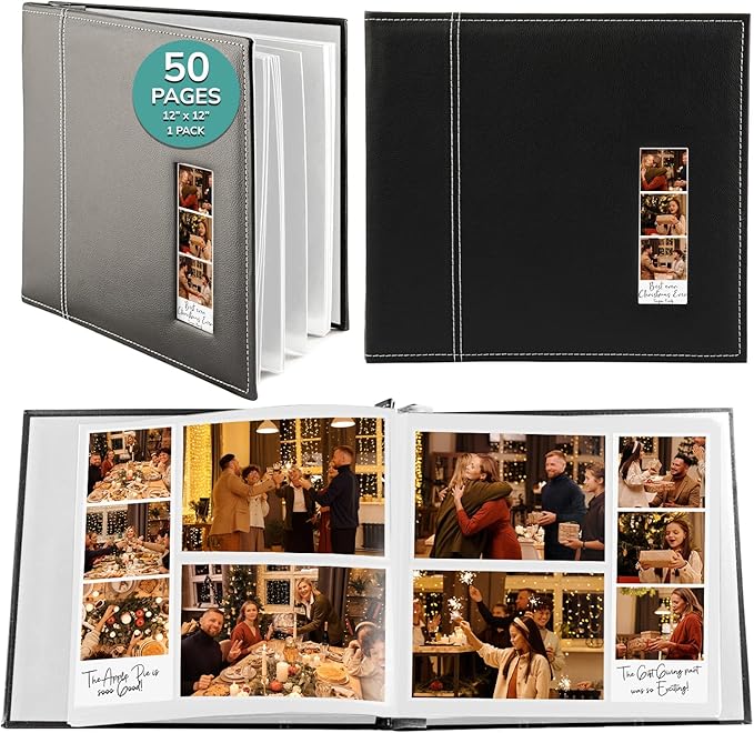 pbf Scrapbook Photo Album 12x12, Guest Book with Photo Insert, Black Scrap book with Plastic Sleeves & White Pages, Scrapbook Album for All Size Pictures, Memory Book, Wedding