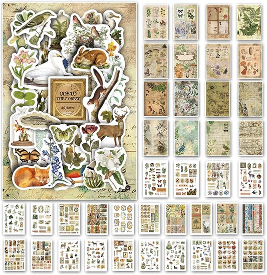 Prstincol Vintage Aesthetic Washi Stickers and Papers for Scrapbooking, 40 Sheets Ephemera Book for Art Journaling with Nature Forest Theme Stickers and Decoupage Papers for Junk Journal