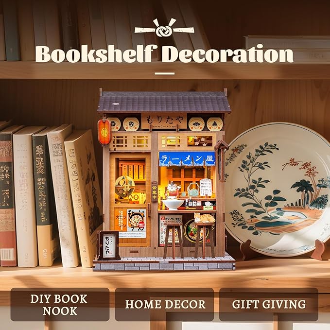 Fsolis Japanese Book Nook Kit - DIY Miniature Scene House Kit, 3D Puzzles for Adults Japan Noodle Shop Tiny House Booknook Craft Bookshelf Decor, Gifts for Women Model Lovers (Morita-Ya Ramen)