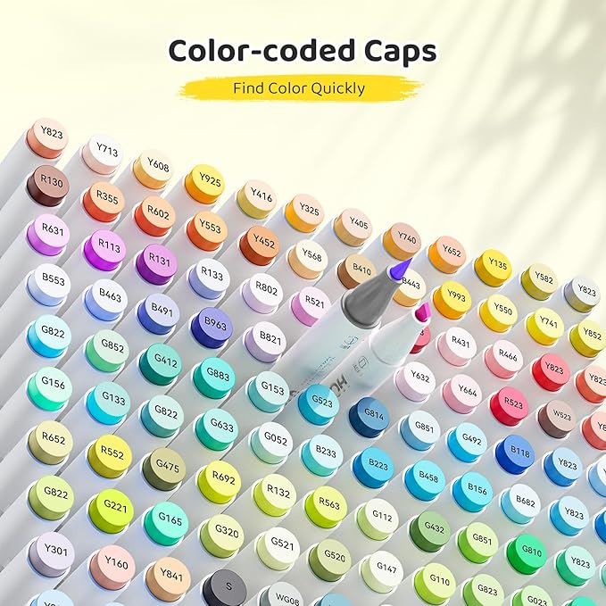 HOTU Alcohol Markers Brush Tip-120 Colors Dual Tip Art Markers for Adult Coloring, with Pro Ink, Seamless Blend, Non-Bleeding Pad & Color Card, Pens for Amateurs/Artists (Brush & Chisel Tip)