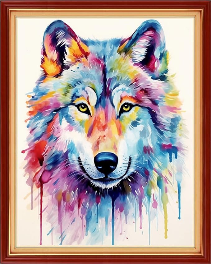Dimensean Stamped Cross Stitch Kits Full Range of Embroidery Patterns Starter Kits for Beginners Adult DIY Cross Stitches Needlepoint Kits 11CT-Rainbow Wolf 16x20 inch