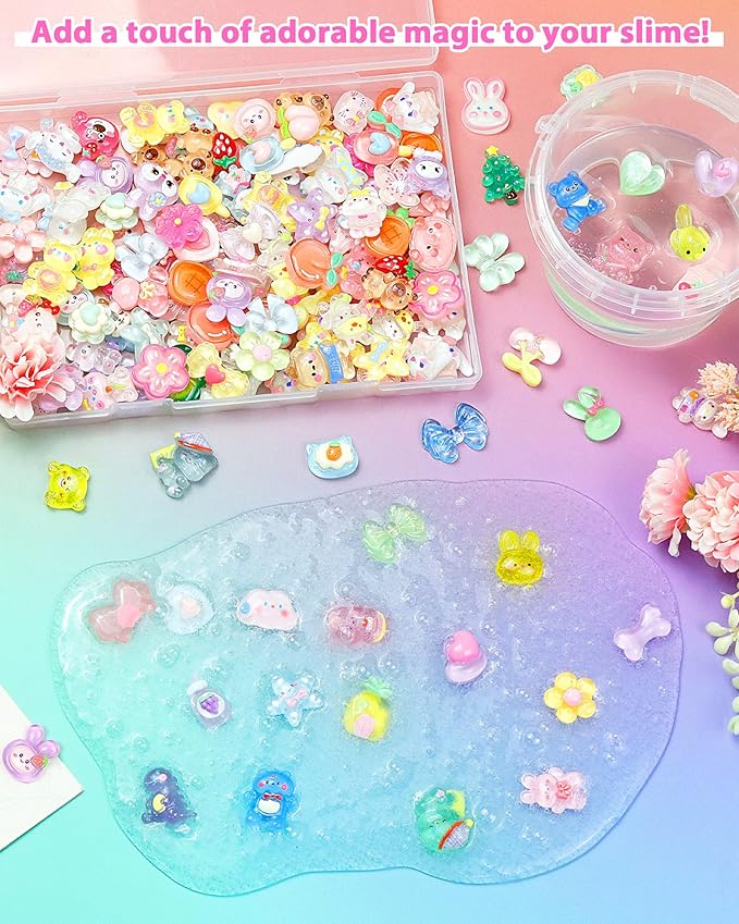 100PCS FIVEIZERO Cute Slime Charms Bulk Set – Kawaii Flatback Resin Charms for Crafts, Mini Decoden Acrylic Embellishments for Phone Junk Cases, Scrapbooking & DIY Decoration (Multicolor)