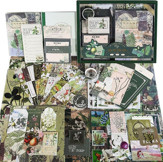 OFFIGIFT Scrapbooking Supplies Kit, Vintage Aesthetic Scrapbook Kit, Junk Journal Supplies with Scrapbooking Paper A6 Grid Notebook, Journaling Supplies, Birthday Craft Gift for Adult, Botanical