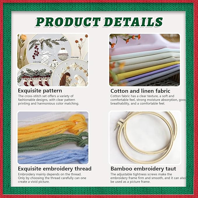 QBQBQ 4 Sets Christmas Embroidery Kits for Adults, Embroidery Kit for Beginners, Cross Stitch Kits for Beginners with Pattern, Needles, Threads, Tools (Christmas Kits B)