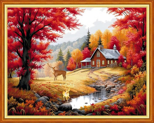Redxing Stamped Cross Stitch Kits Embroidery kit for Beginners Adults Full Range of Embroidery Patterns Starter Kits DIY Printed Cross Stitch Kits Needlepoint Kits 11CT-Golden Autumn Elk 16x20 inch
