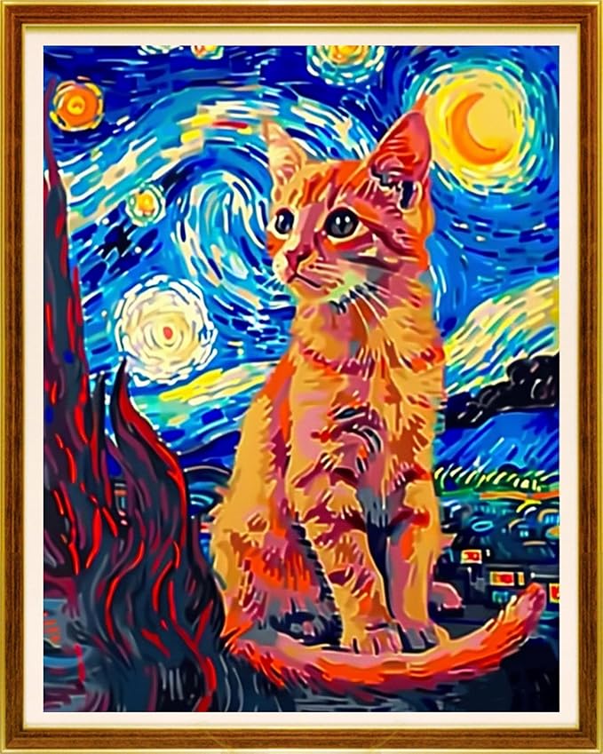 Joycasa Stamped Cross Stitch Kits for Beginners Full Range of Cross Stitching 11 CT Printed Cross Stitch Kit for Adults Cross-Stitch Patterns Needlepoint Kits-Cat Van Gogh Starry Sky 16x20 inchs