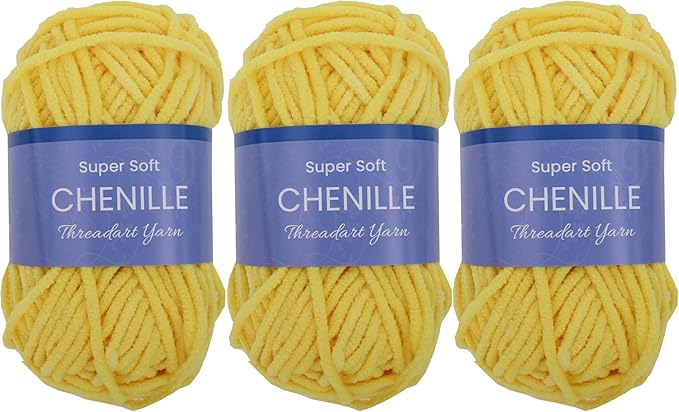 3 Pack ThreadArt Chenille Yarn for Crocheting, Knitting, Amigurumi, Super Soft Plush Velvet Yarn - 50 Gram 60 yds #5 Fluffy Yarn Skeins - Yellow 07