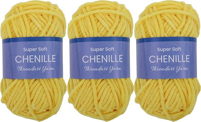 3 Pack ThreadArt Chenille Yarn for Crocheting, Knitting, Amigurumi, Super Soft Plush Velvet Yarn - 50 Gram 60 yds #5 Fluffy Yarn Skeins - Yellow 07