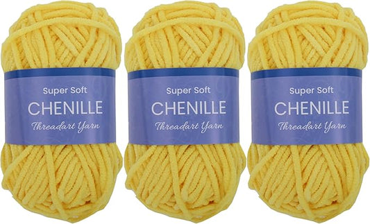 3 Pack ThreadArt Chenille Yarn for Crocheting, Knitting, Amigurumi, Super Soft Plush Velvet Yarn - 50 Gram 60 yds #5 Fluffy Yarn Skeins - Yellow 07