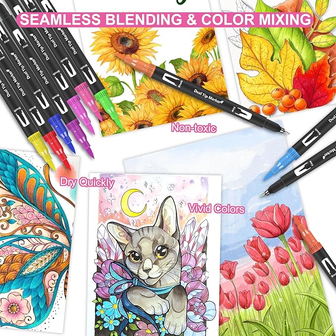 Oficrafted 76 Colors Dual Tip Brush Pens with Brush Tip and Fine Tip for Artists Adult, Coloring Markers for Adult Coloring Books Professional Marker Set for Note Taking and Lettering
