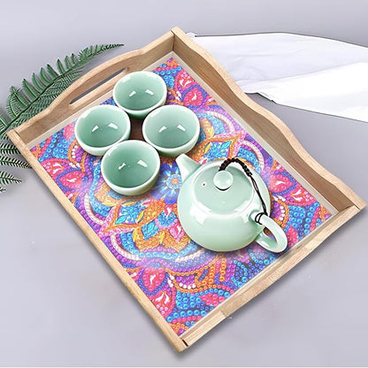 FGbaby DIY 5D Purple Mandala Diamond Painting Wood Serving Tray with Handles Diamond Art Decor Serving Trays Wooden Tray for Breakfast in Bed, Patio, BBQ, Coffee Table, Party –Great for Lap & Couch