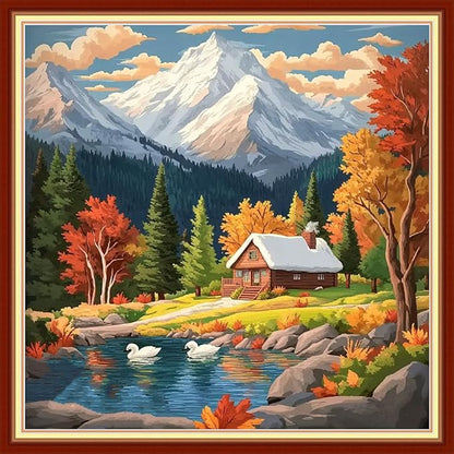 Fanxvivy Stamped Cross Stitch Kits for Beginners Full Range of Cross Stitching Preprinted Embroidery Kits for Adults, 11CT Embroidery Pattern Needlepoint Kits-Swan Lake in Late Autumn 18x18 inch