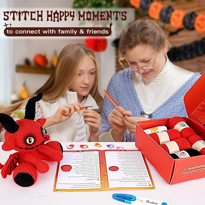 Crochetta Crochet Kit for Beginners, Crochet Starter Kit with Step-by-Step Video Tutorials, Amigurumi Crochet DIY Knitting Supplies for Adults, Red Devil (40%+ Yarn)