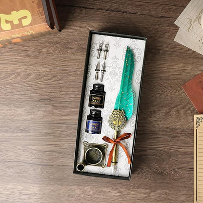 TIANREN Feather Pen and Ink Set,quill pen ink set,Antique Calligraphy Pen with 4 Replaceable Nibs,2 Bottle of ink,Pen Holder Christmas Gift for Men&Women.(Green)