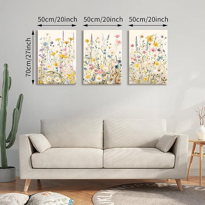 WENGTIAO 3Pcs Framed Colorful Wildflower Canvas Wall Art, Yellow Watercolors Flowers Wall Pictures Floral Canvas Prints Wall Decor Paintings for Living Room Girls Bedroom Ready to Hang 20"x28"x3
