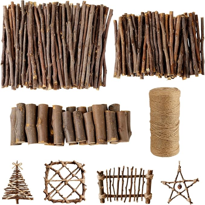 251 Pack Wooden Log Sticks for Crafts Kit 6 Inch and 4 inch Natural Twigs Sticks 0.8cm in Diameter Wood Log 164 Feet Jute Twine for DIY Rustic Home Decor Christmas Gift Making
