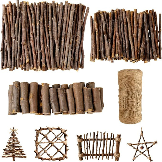 251 Pack Wooden Log Sticks for Crafts Kit 6 Inch and 4 inch Natural Twigs Sticks 0.8cm in Diameter Wood Log 164 Feet Jute Twine for DIY Rustic Home Decor Christmas Gift Making