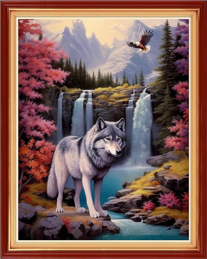 Dooxvey Cross Stitch Kits for Adults Stamped Full Range of Embroidery Starter Kits for Beginners 11CT Printed Cross Stitch Patterns Needlepoint Kits Stamped Crossstitching-Wolf Falls 16x20 inch