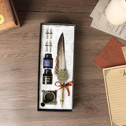 TIANREN Feather Pen and Ink Set,quill pen ink set,Antique Calligraphy Pen with 4 Replaceable Nibs,2 Bottle of ink,Pen Holder Christmas Gift for Men&Women.(Gray)